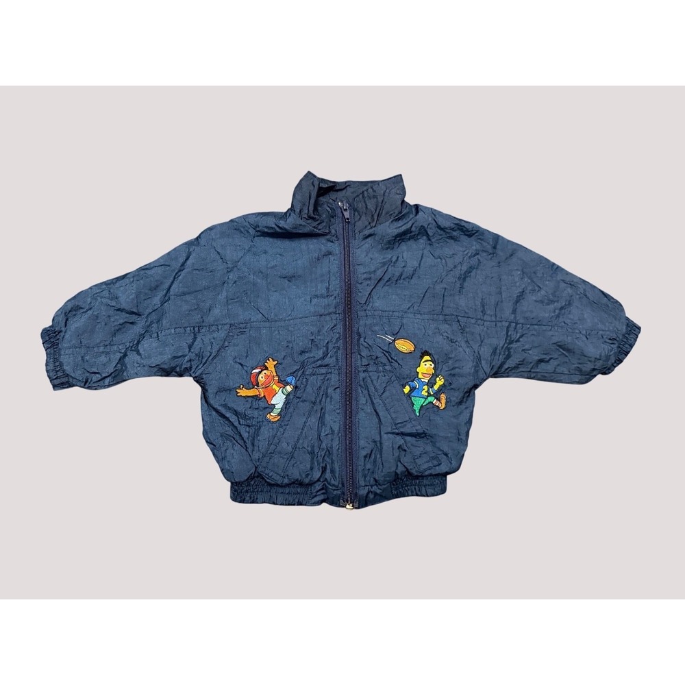 Vintage Sesame Street Bert & Ernie Kids Navy Blue Embroidered Zip-Up Jacket Rare